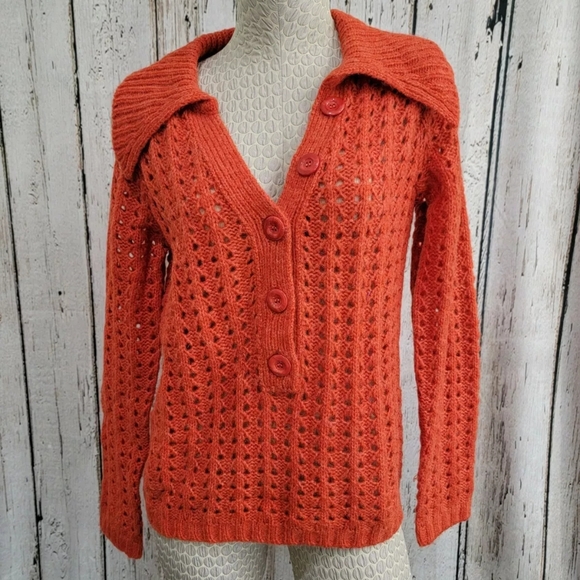 Women's Medium Vertigo Orange Open Weave 1/4 Button Pullover Sweater Top NEW nwt - Picture 1 of 9